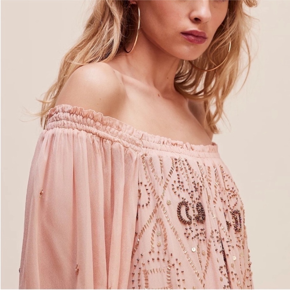 NEW NWT Free People Off The Shoulder Embellished Moon Gleam Dress Rose Smoke - Picture 2 of 10
